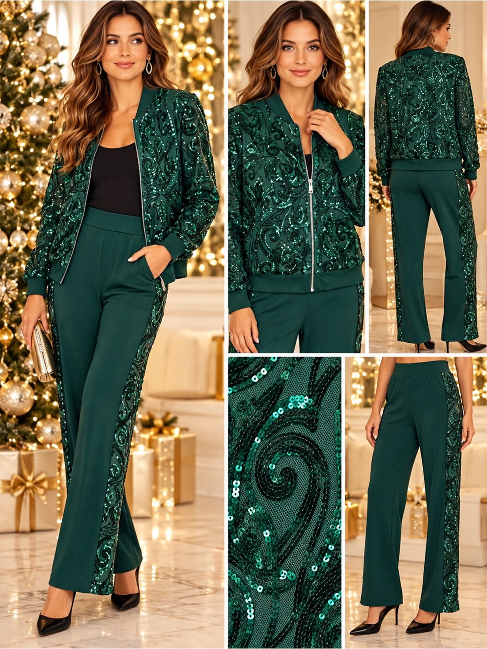 Midnight Velvet Emerald Green Sequin Bomber Jacket Active Pants 2 Piece Set L